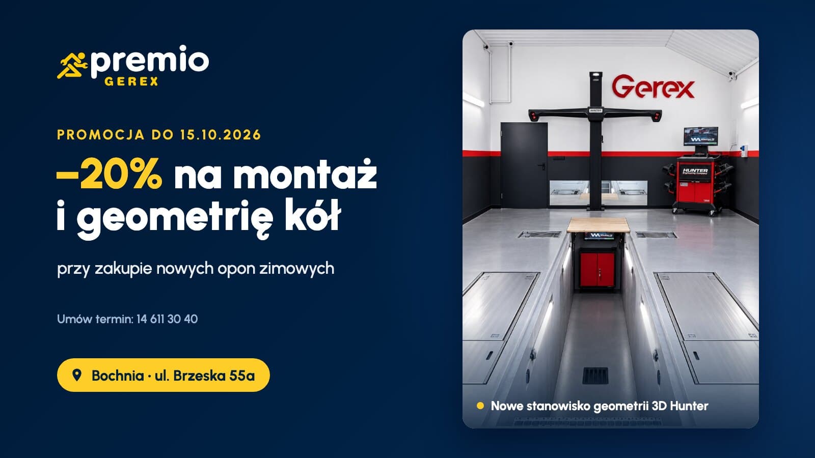 Promocja Premio Gerex Bochnia: 20% rabatu na montaż opon i geometrię kół przy zakupie nowych opon zimowych do 15.10.2026, obok zdjęcie stanowiska geometrii 3D Hunter w Bochni