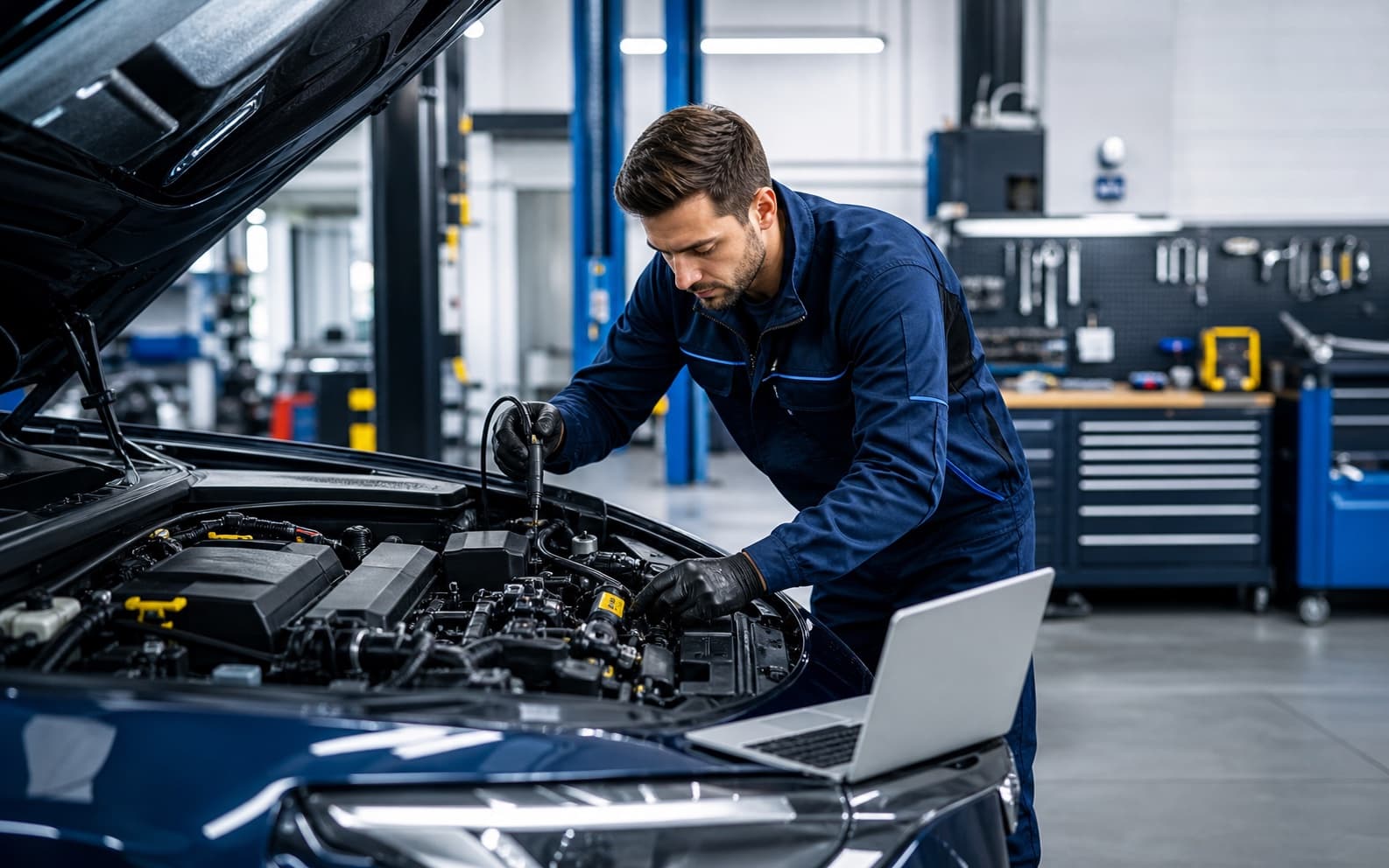 Mechanik samochodowy diagnozujący auto w nowoczesnym warsztacie