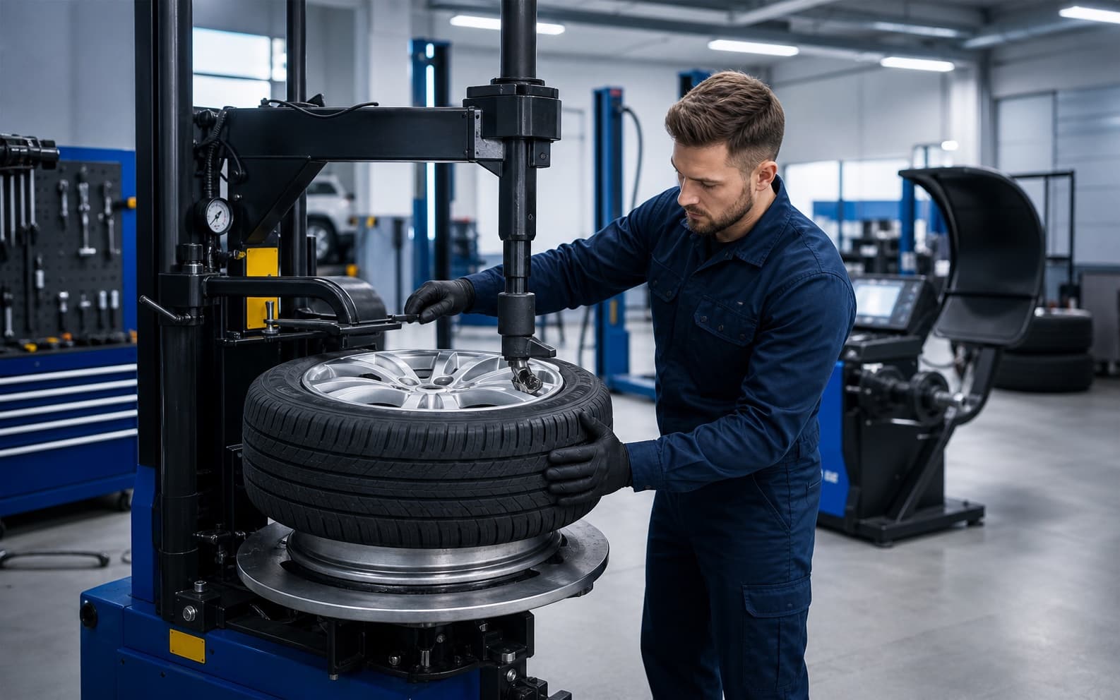 Mechanik wulkanizator obsługujący koło na montażownicy